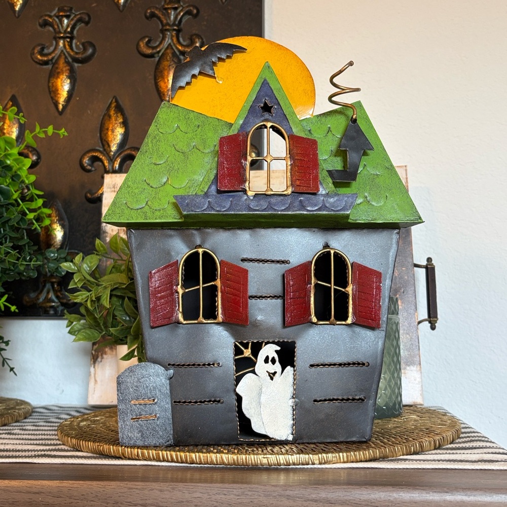 💎RARE💎Vintage Pottery Barn Large Size Metal Haunted House Candleholder Planter